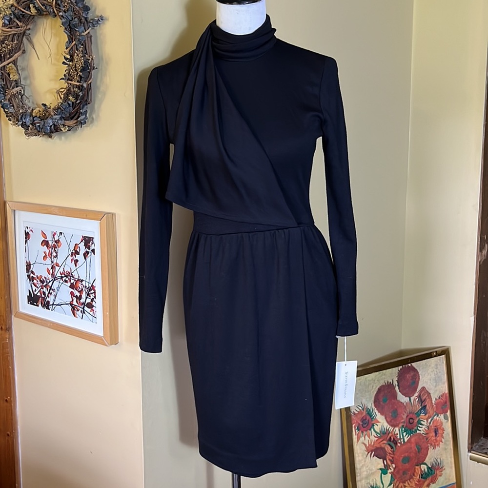 Vintage STEVEN STOLMAN Size 6 Draped Wool Midi-Dress Zip-Back Modest DeadStock